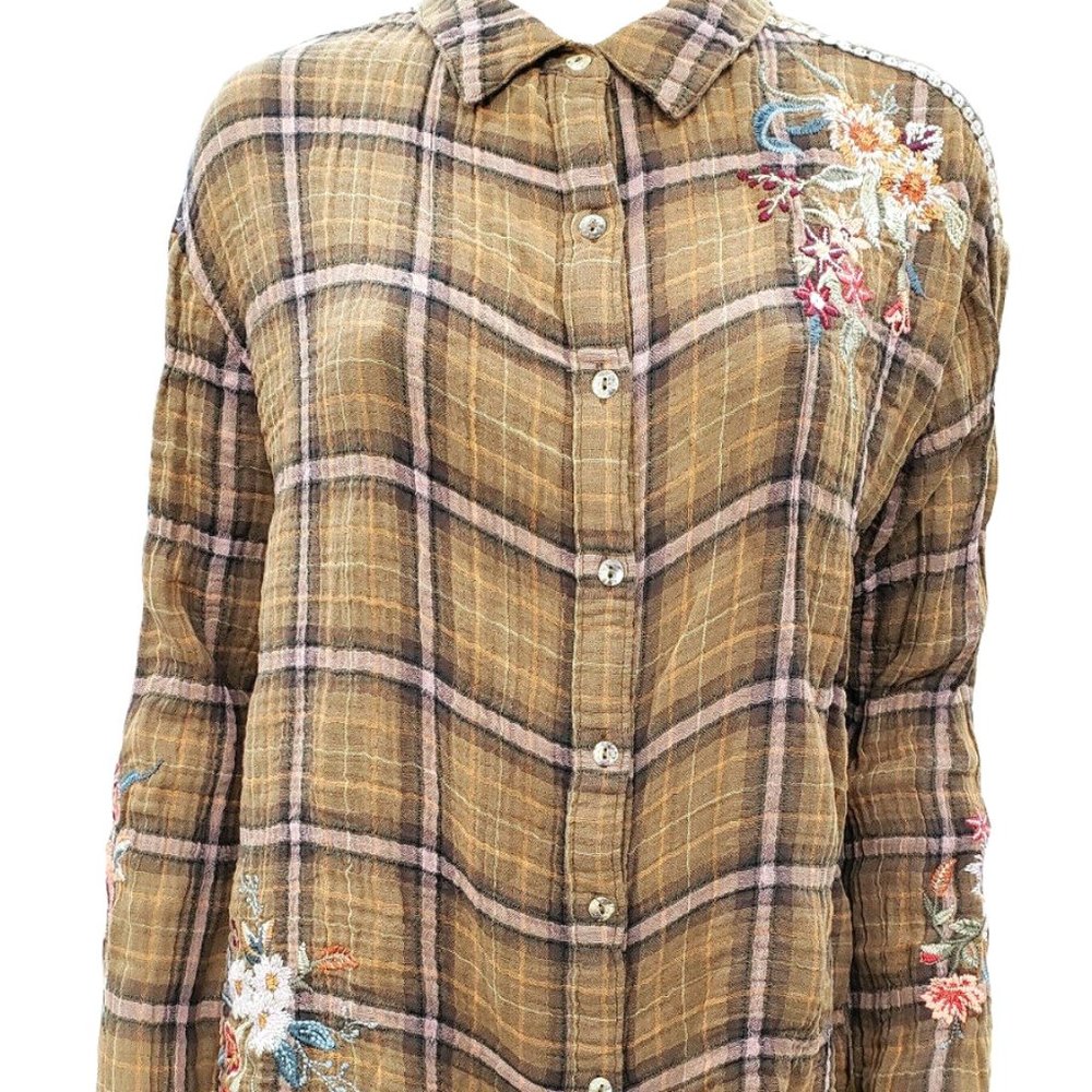 Johnny Was Brown Plaid Button Down Shirt with Floral Embroidery